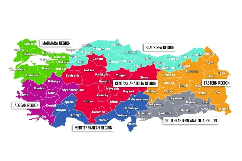 a map of the 7 Regions in Turkey and their provinces 