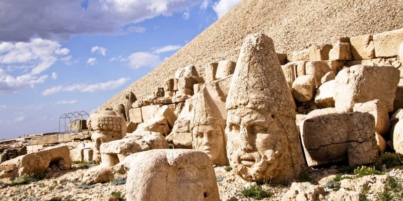 ancient site at nemrut with a bile of heads of ancient gods in Southeastern Anatolia