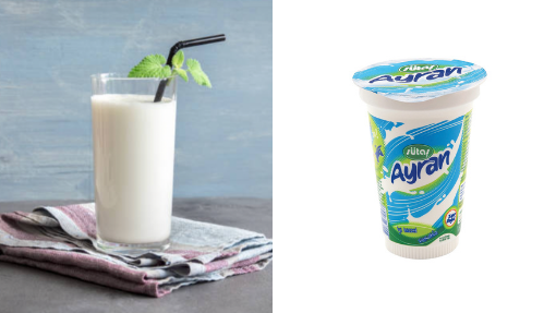on the left is an expmple of acik ayran in a glass with a straw and kapali ayran in a prepackaged container on the right. 
