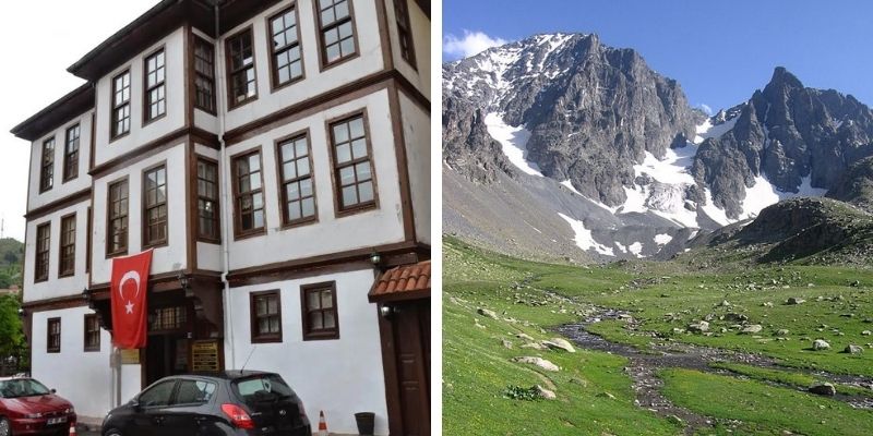 historical houses with wood trimming in Kastamonu & Kaçar Mountains covered in snow. ona sunny day. 