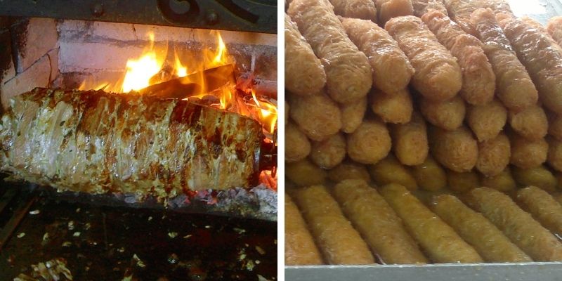 Cağ kebabı roasting over an open fire & a massive stack of Kadayif Dolmasi