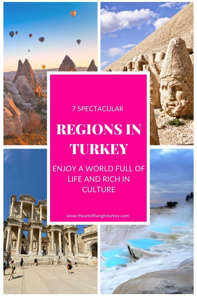 Regions in Turkey pin for pinterest with pamukkale, celcius library, cappadocia in the background