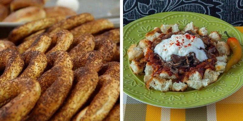 a stack of Simit on the left & Iskender on the right in a green bowl with a chili on the side. 