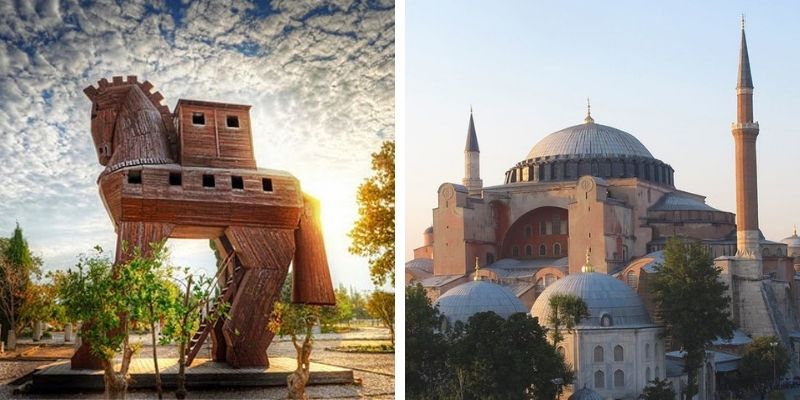 the massive troy from the movie Troy & Hagia Sophia with two minarets showing. 