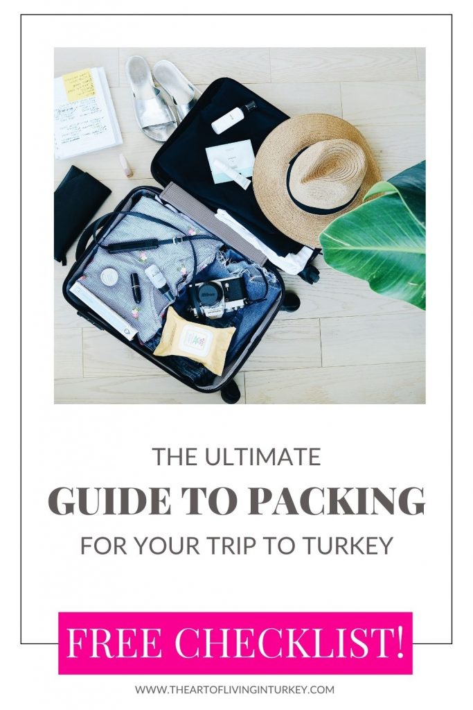 pinterest with a graphic of an open suitcase that says "the ultimate guide to packing for your trip to Turkey"