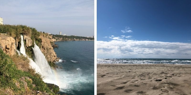 Duden Falls in antalya where the water rushes into the sea and perfect sand beach at Patara