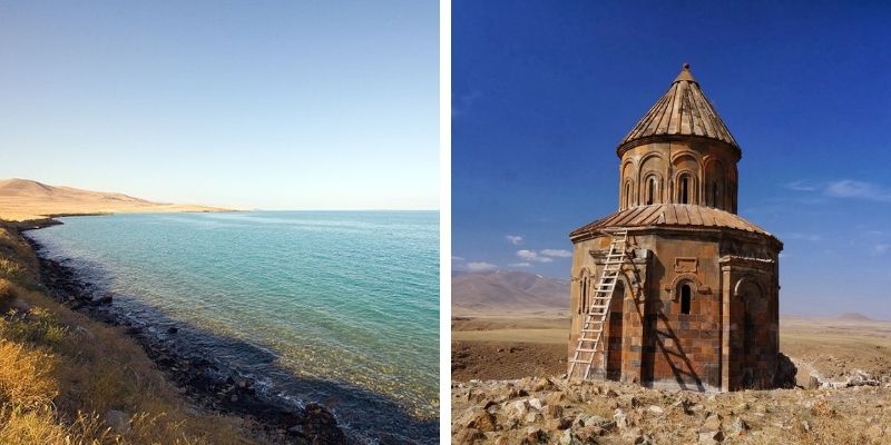 Lake Van on a clear day with its crystal clear waters & a small building in Kars in a unique stye. 