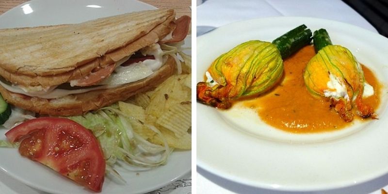 Kumru toast with chips, lettuce and tomato & Stuffed Zucchini Flowers on a bed of tomato sauce