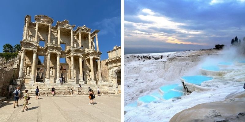 remains of the Celsius Library at ephesus & Pamukkale pools filled with water and the steam rises up on a cloudy day