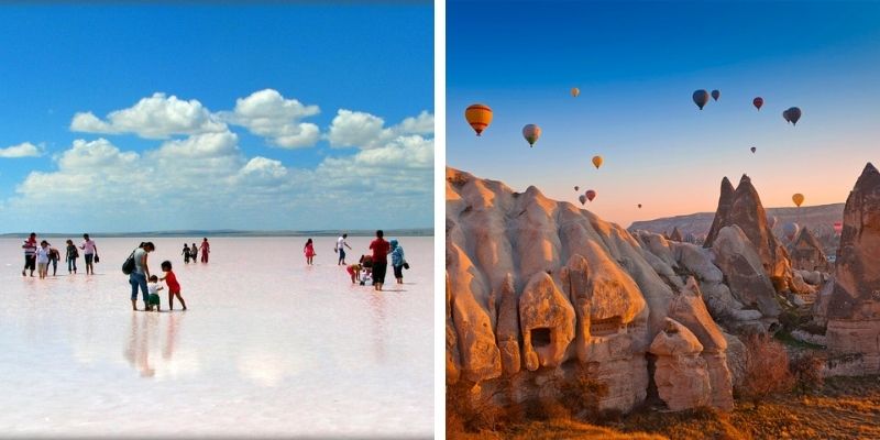 people walking on Tuz Golu on a partially cloudy day and fairy chimneys in Cappadocia