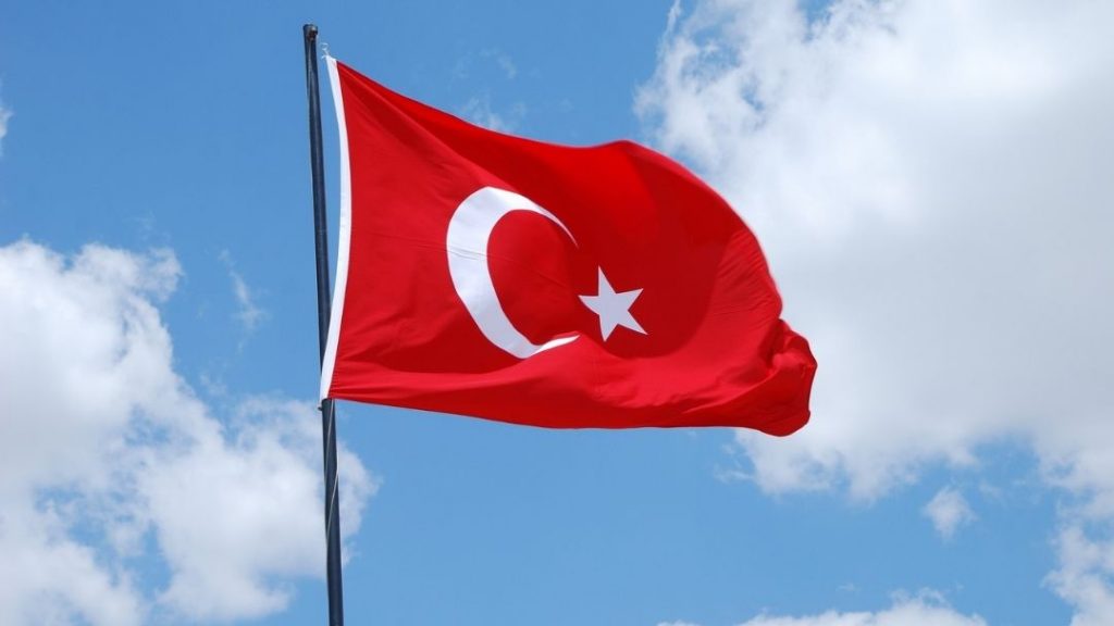 Turkish Flag blowing in the wind with a blue sky in the background