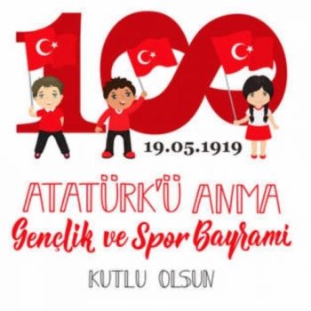 three kid illustrations holding Turkish flags in front of a 1 and an infinity symbol on its side. happy youth and sports day is written in Turkish. 