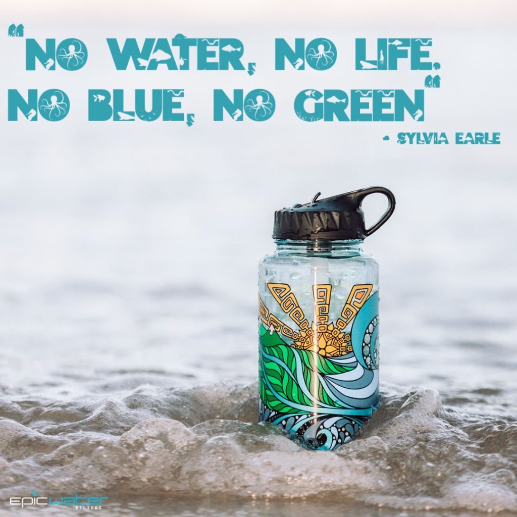 nalgene water bottle with an epic filter inside nestled in the sand on the beach. with a quote "no water, no life. no blue, no green." by Sylvia Earle