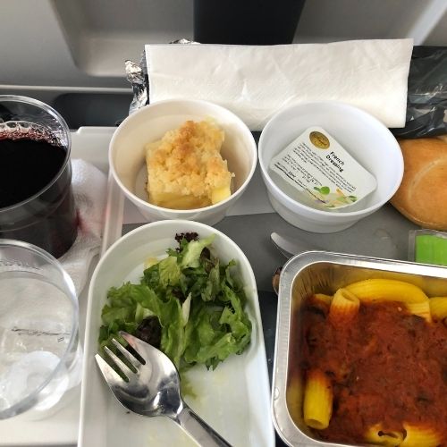 in flight meal with pasta, salad, wine and an apple dessert