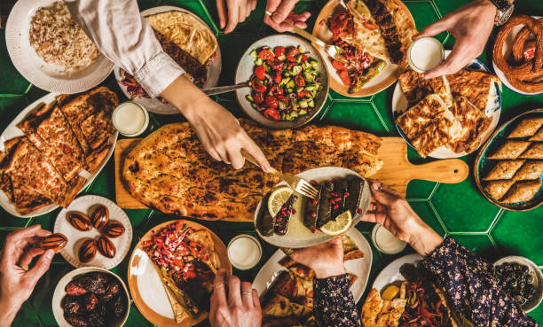 Ramadan Feast including all kinds of breads and meat dishes and fruit