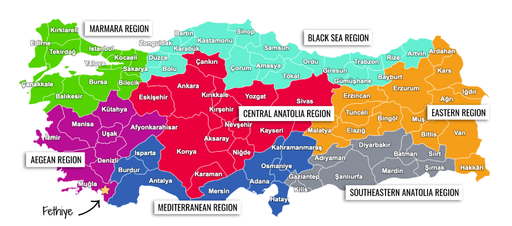 Fethiye pointed out on a map of TUrkey that is separated out by region and provinces. 