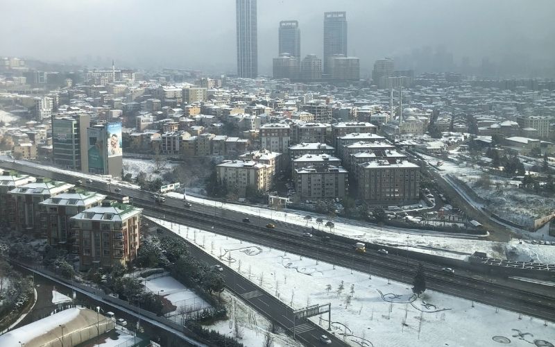 Snowy Istanbul from a tall building on a very cloudy day