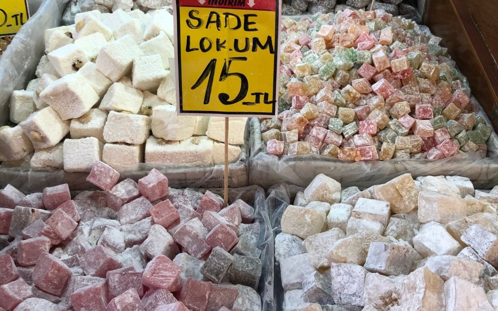 4 different mounds of Turkish Delight in the bulk section