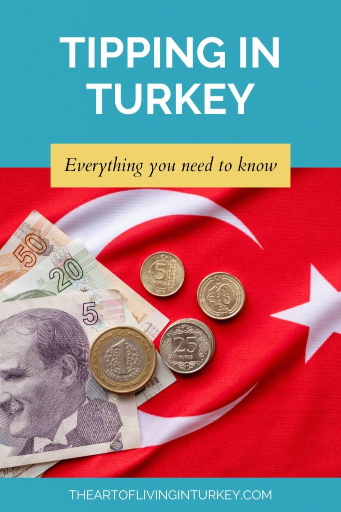 Pin for tipping in Turkey with turkish lira sitting a top a turkish flag