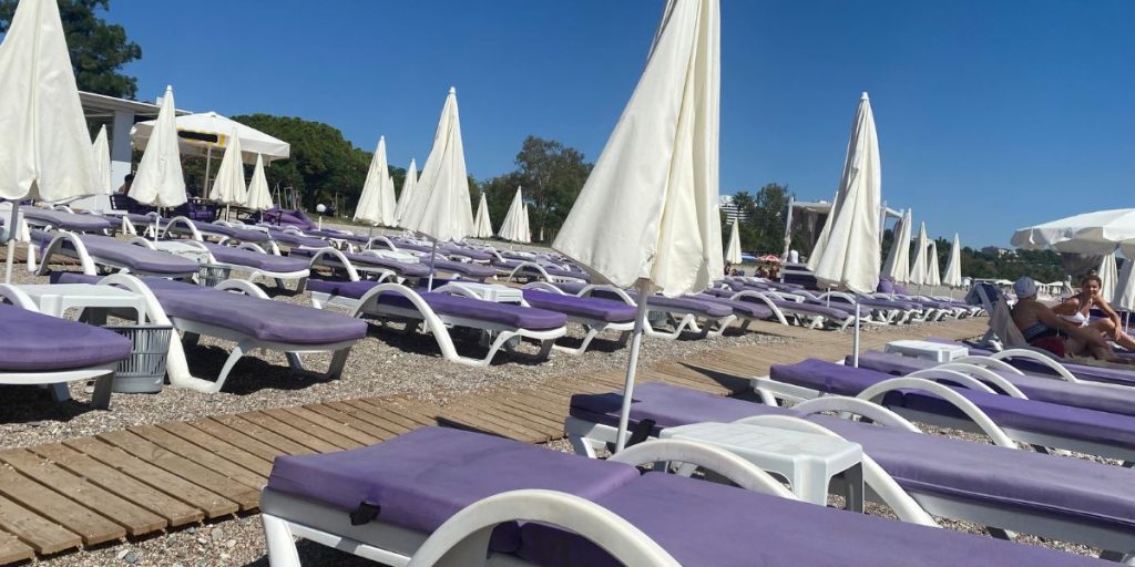 Lavender Beach Club with all their lounge chairs on the beach