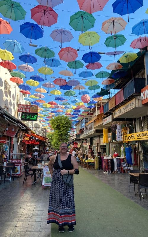 Me on a stroll through Antalya under a canopy of colorful umbrellas