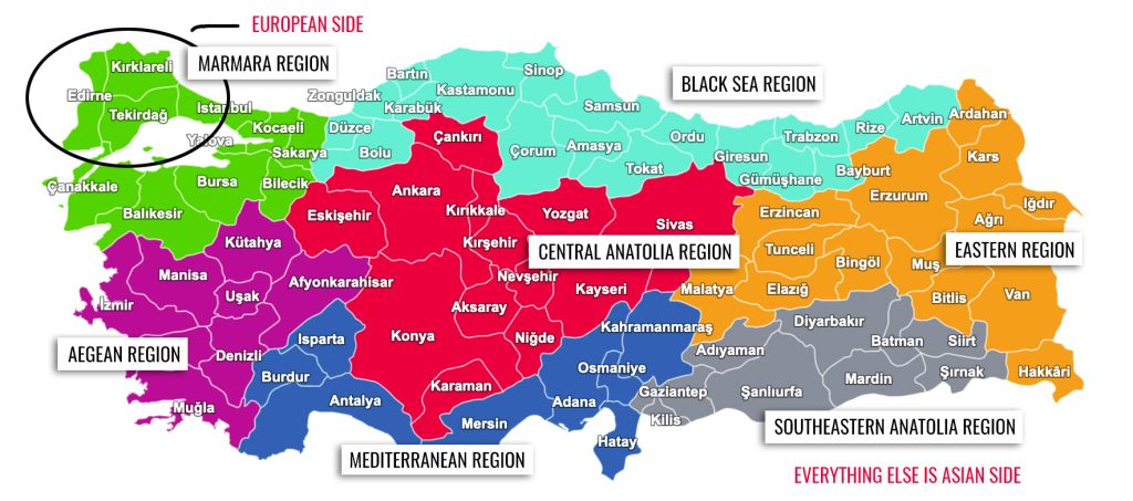 A map of the 7 regions, 81 provinces and a circle around the small portion that is on the European side