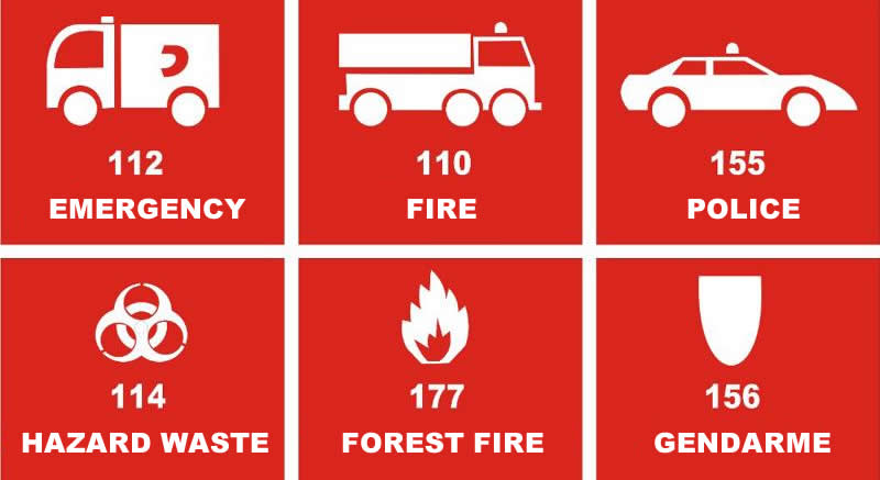 phone numbers for emergencies. 112 is for emergencies, 110 is for fire, 155 is for police, 114 is for hazard waste, 177 is forest fire and 156 is gendarme