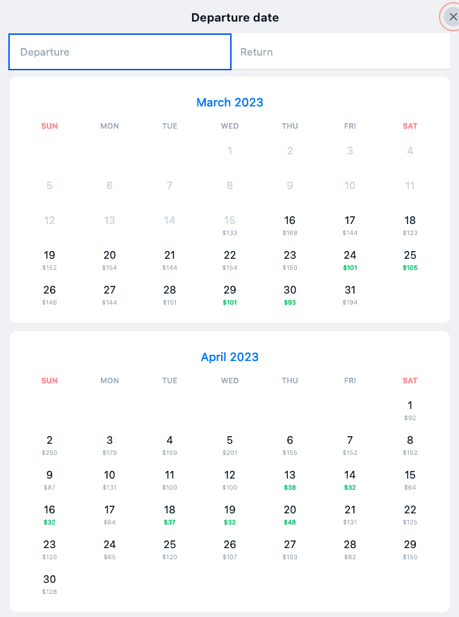 image of calendars for selecting travel dates on wayaway