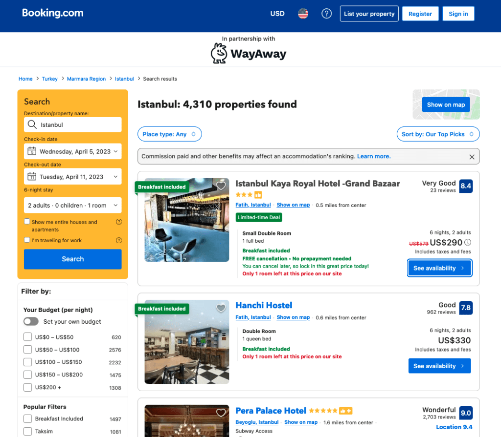 Screenshot of Booking.com and it's partnership with WayAway, showing how much you could save. 