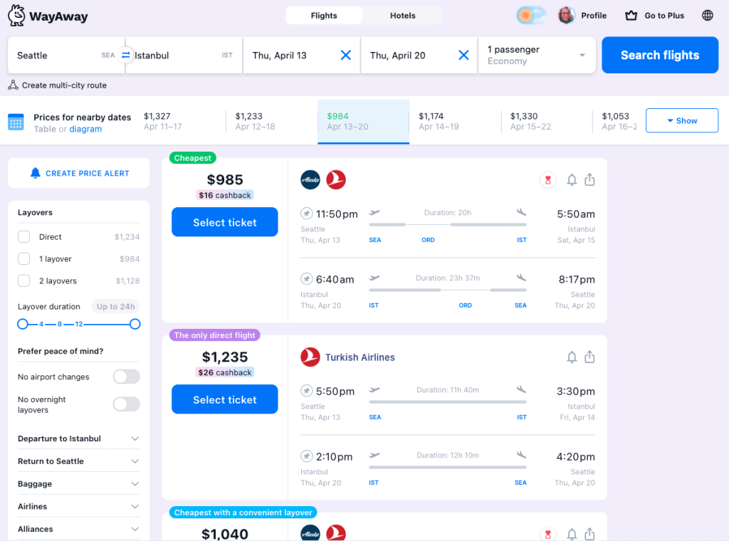 wayaway user interface - flight aggregator. 