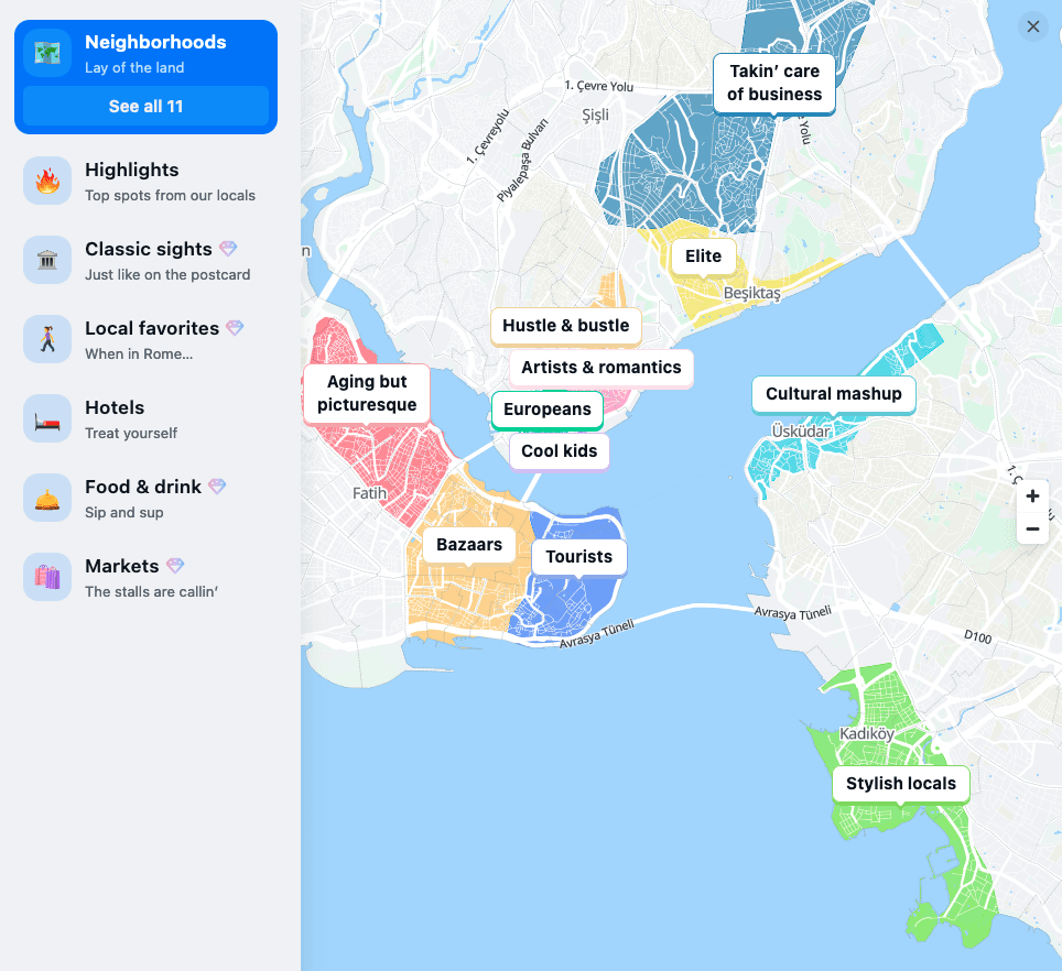 Map of Istanbul and things you could do there based on neighborhoods