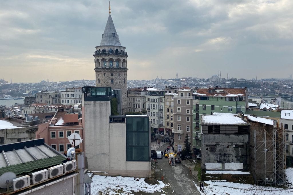 Snowy Istanbul with the Galata Tower in the skyline