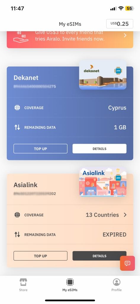 screenshot of my esims in my airlo app