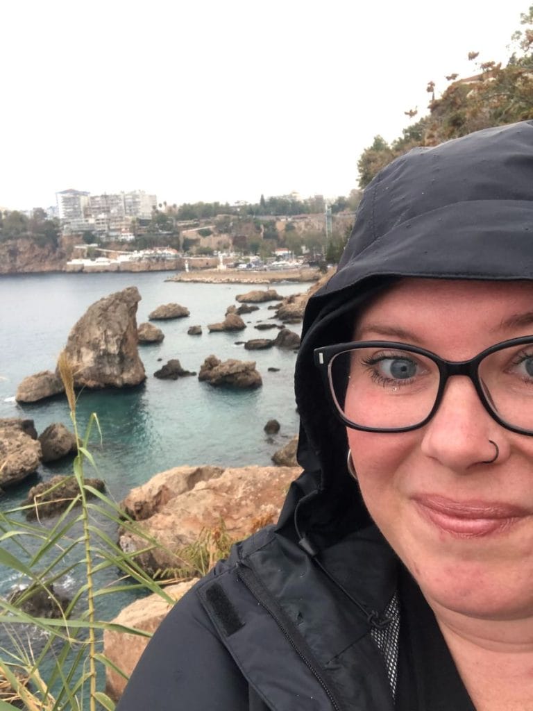 kimberly in downtown Antalya with the water in the background