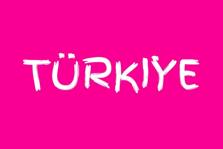 Turkiye on a pink background. Turkiey is Turkey in Turkish.