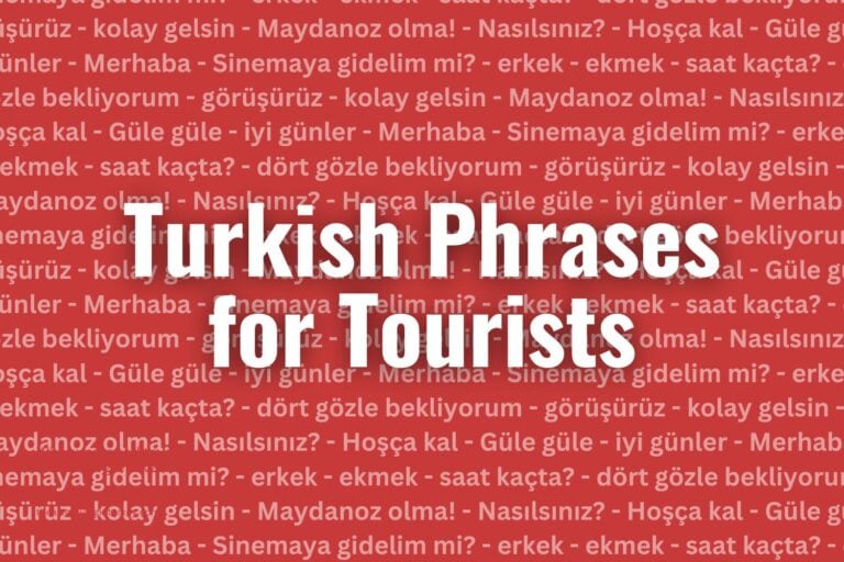 Turkish phrases for Tourists on a red background with a bunch of turkish words in white.