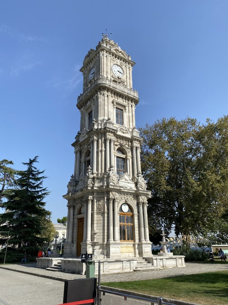 Clock tower at the Dolmabache palace on a sunny day