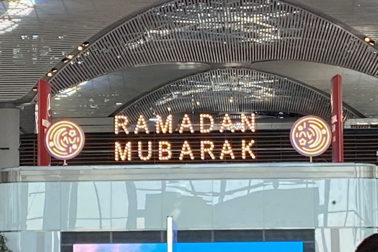 Sign at the IST Airport celebrating ramadan that says Ramadan Mubarak