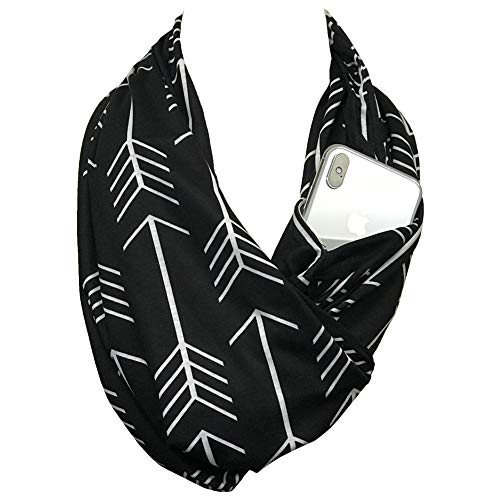 a black and white travel scarf with arrows printed on it and a hidden pocket for important documents