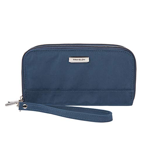 travel on navy blue wallet that has RFID protection and a wrist strap
