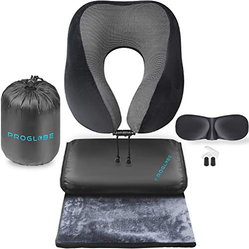 Travel pillow, blanket, earplug, and eye mask set in a travel bag