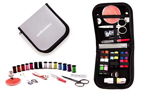 travel sewing kit with a variety of colors of thread, mini scissors, needle, seam ripper and the like in a handy travel case. 