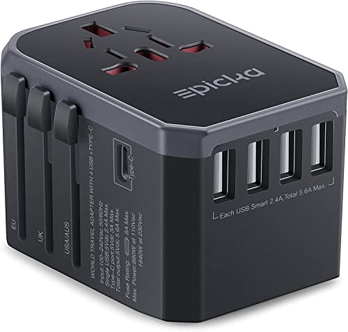 A black travel adaptor with 4 usb ports and 1 type c port. 