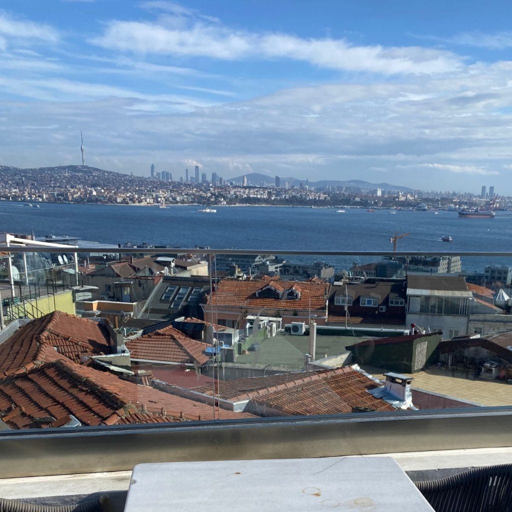A view of the Bosphorus Strait and the Asian side of Istanbul from the terrace of Barnathan Istanbul Restaurant.
