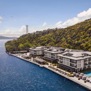 Ariel view of the Mandarin on the Bosphorus with is sun bathing chairs ready for visitors.