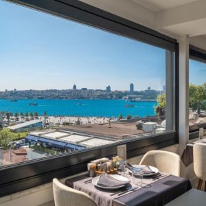 View of the Bosphorus from the dining room at the May Otel on a sunny day
