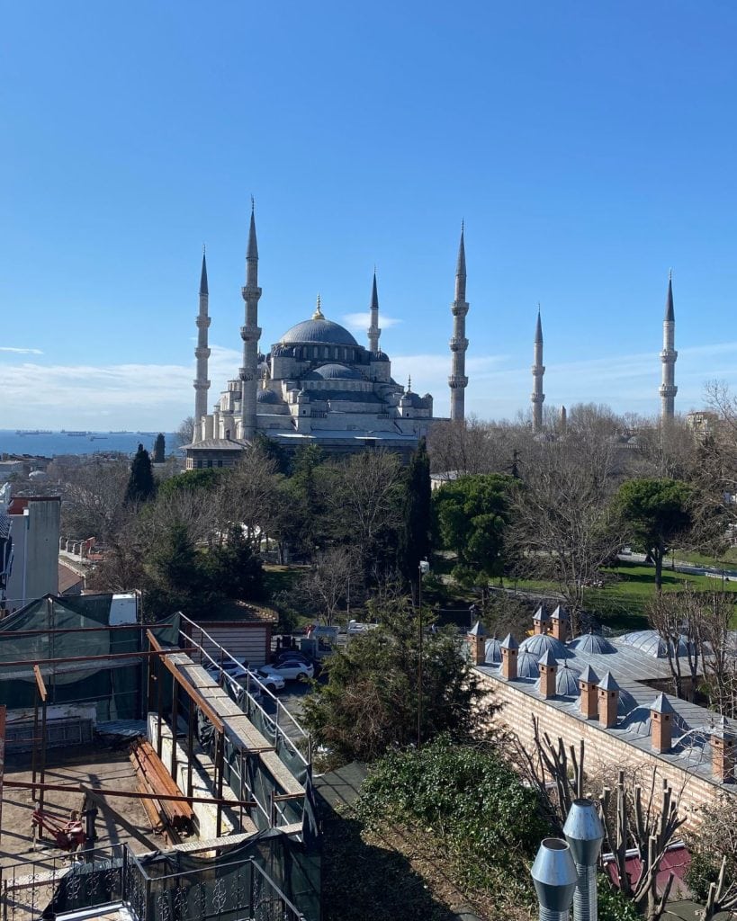 A view of the Blue Mosque and the Marmara Sea from the Seven Hills Rooftop Restaurant