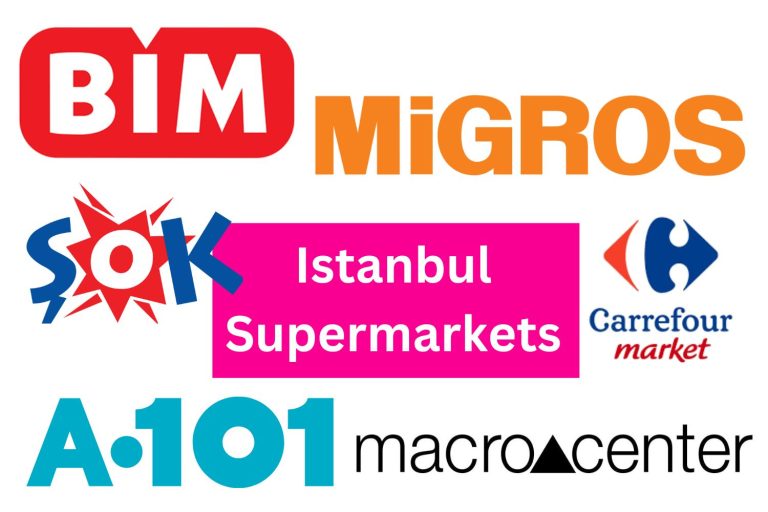 Istanbul supermarkets' logos: bim, migros, sok, carrefour, a 101 and macrocenter