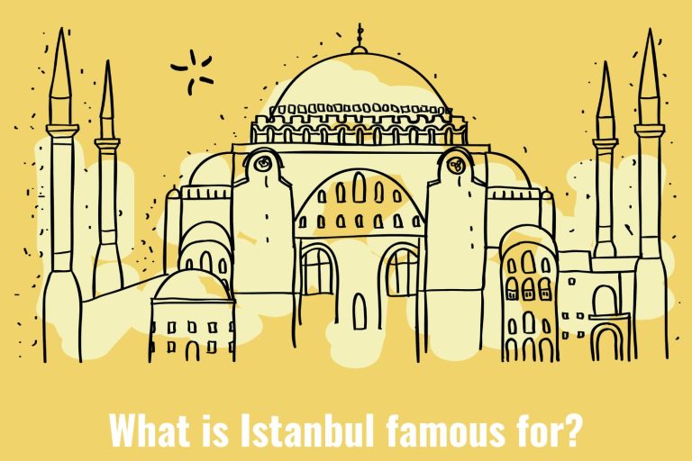 An illustration of the Hagia Sophia with the question What is Istanbul Famous for written below.