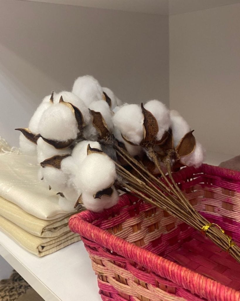 a bunch of cotton still on the plant in a red basket 